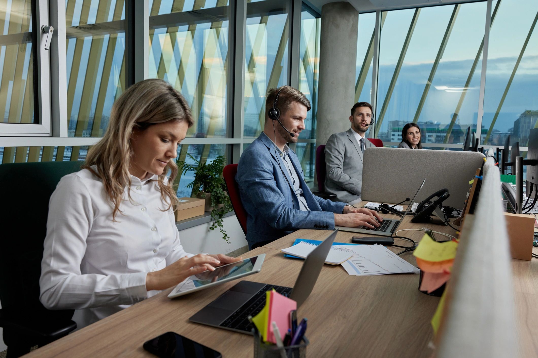 Customer support team working in a modern office